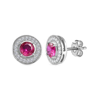 Red Ruby CZ Halo Stud Earrings In 925 Sterling Silver