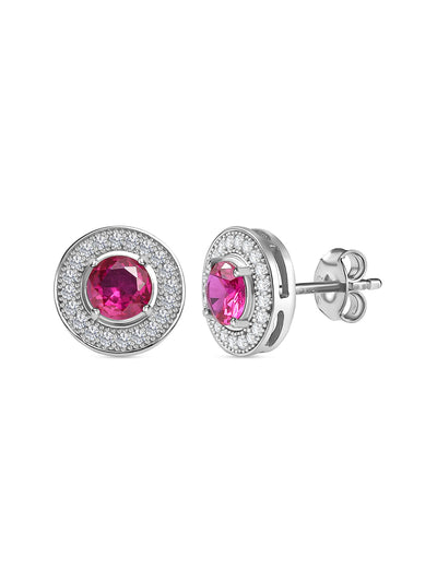 Red Ruby Halo Stud Earrings In 925 Sterling Silver-2