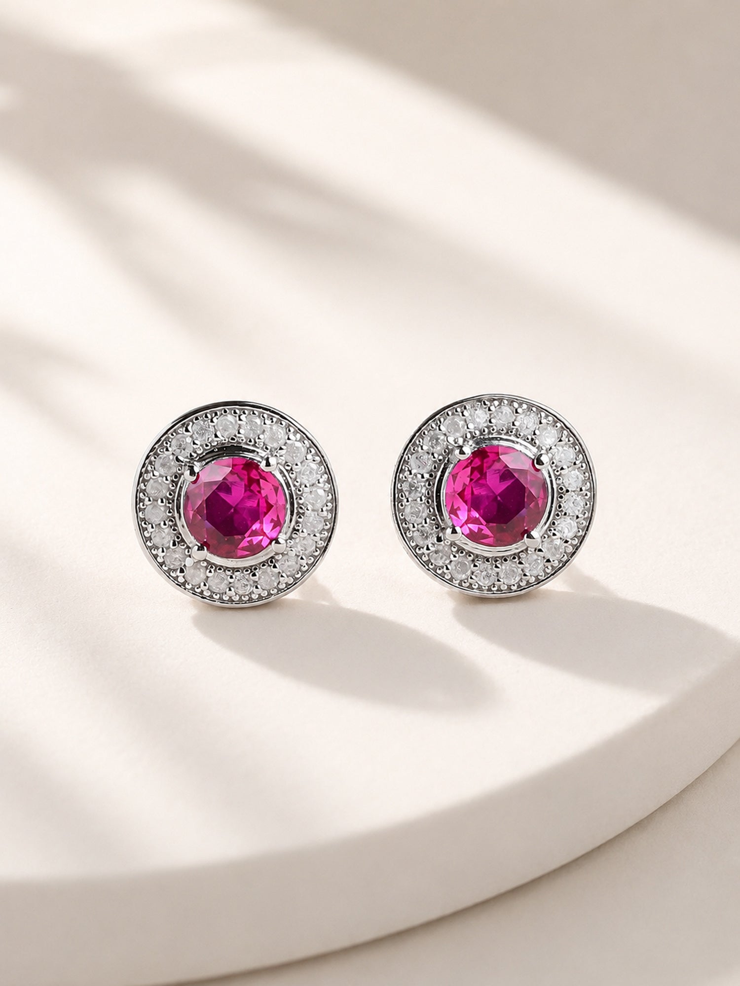 Red Ruby CZ Halo Stud Earrings In 925 Sterling Silver
