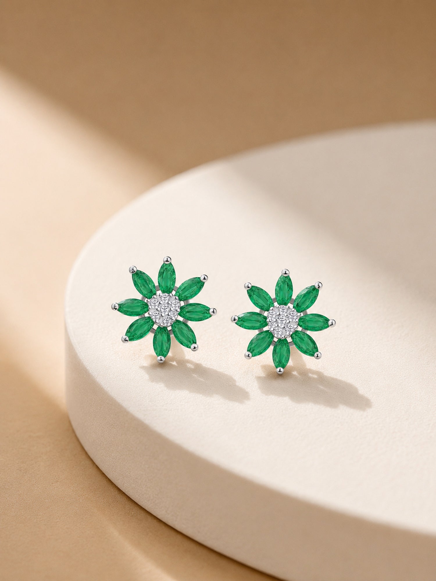 Green Emerald CZ Silver Flower Stud Earrings