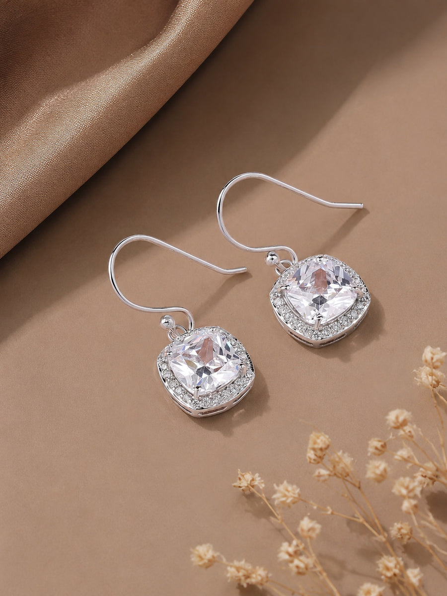 925 Silver American Diamond Cushion Cut Danglers Earrings