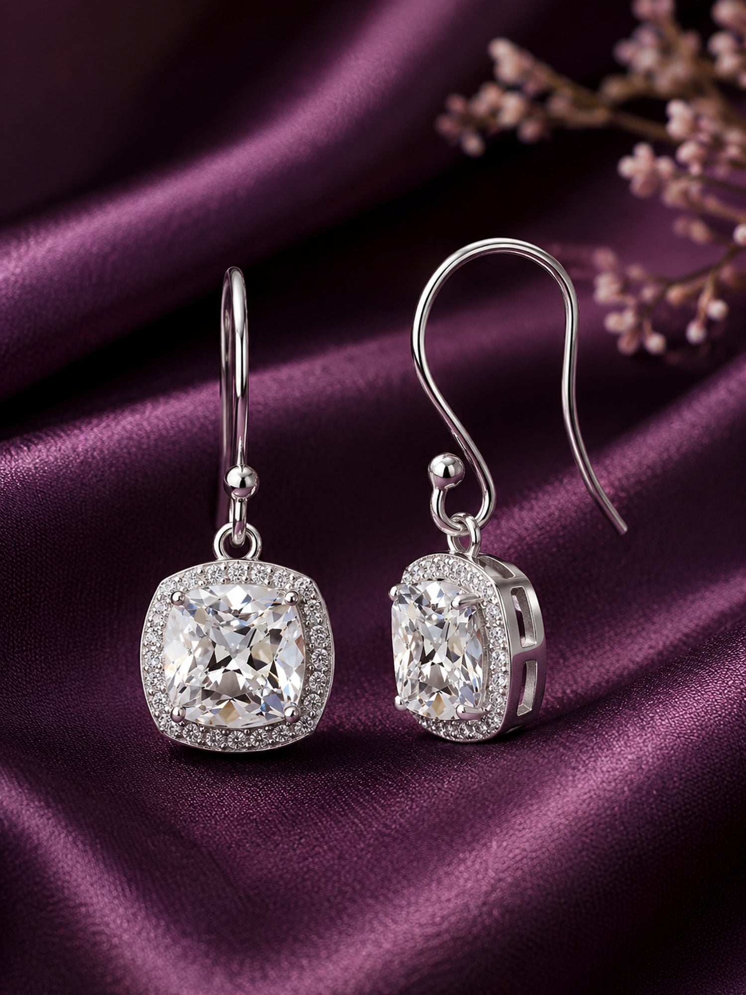 925 Silver American Diamond Cushion Cut Danglers Earrings