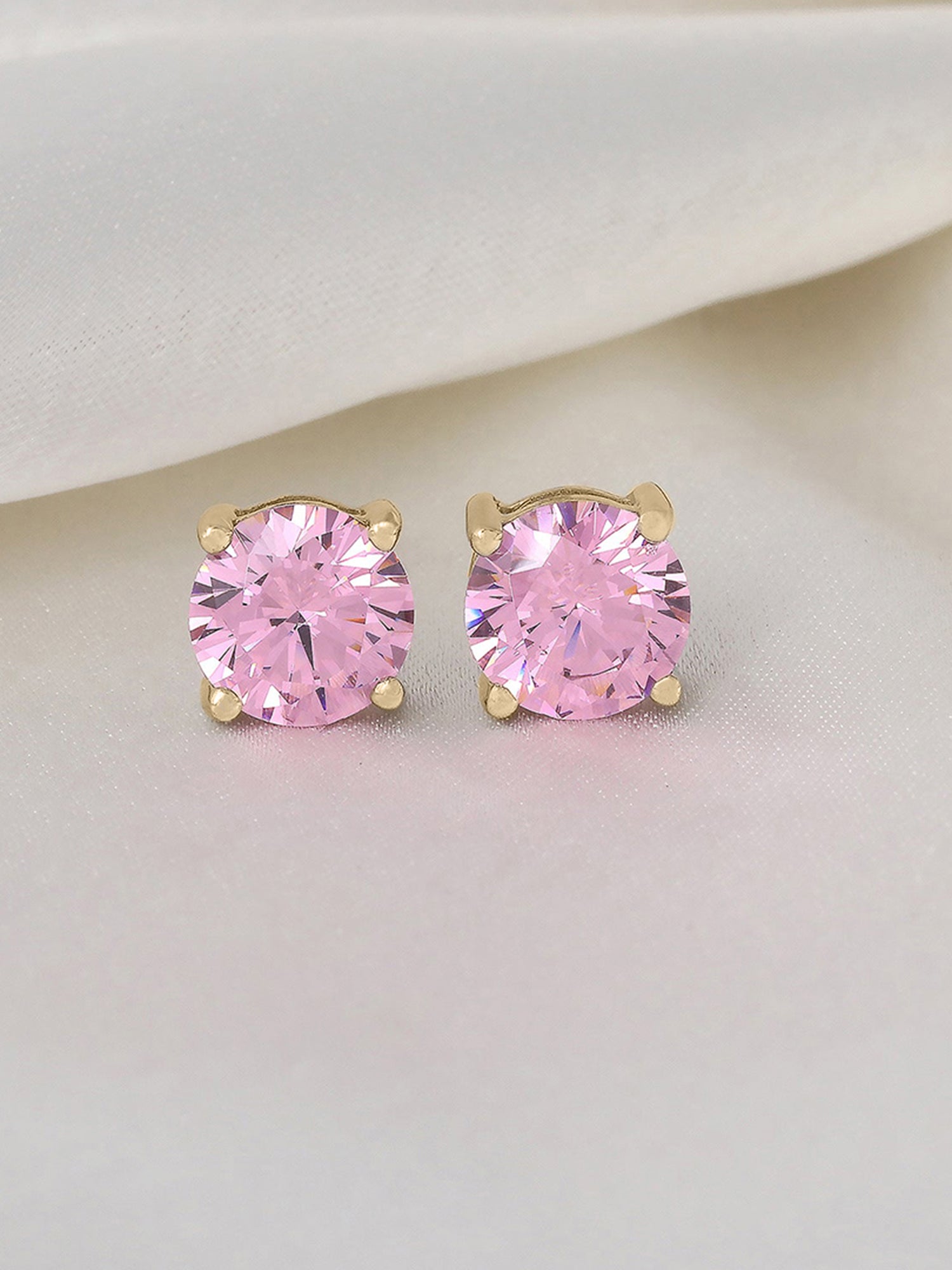Half Carat Pink Cz Yellow Gold Studs For Women