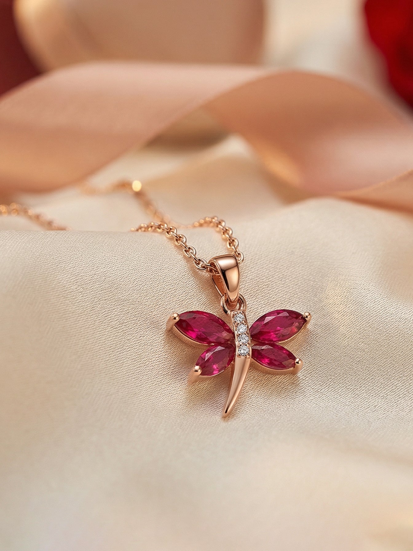 Rose Gold Red Ruby Butterfly Pendant With Chain