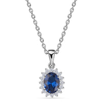 Blue Sapphire CZ And American Diamond Halo Solitaire Necklace Made Silver