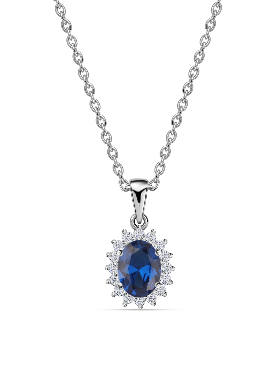 Blue Sapphire And American Diamond Halo Solitaire Necklace Made Silver