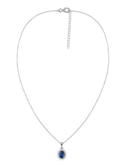 Blue Sapphire And American Diamond Halo Solitaire Necklace Made Silver