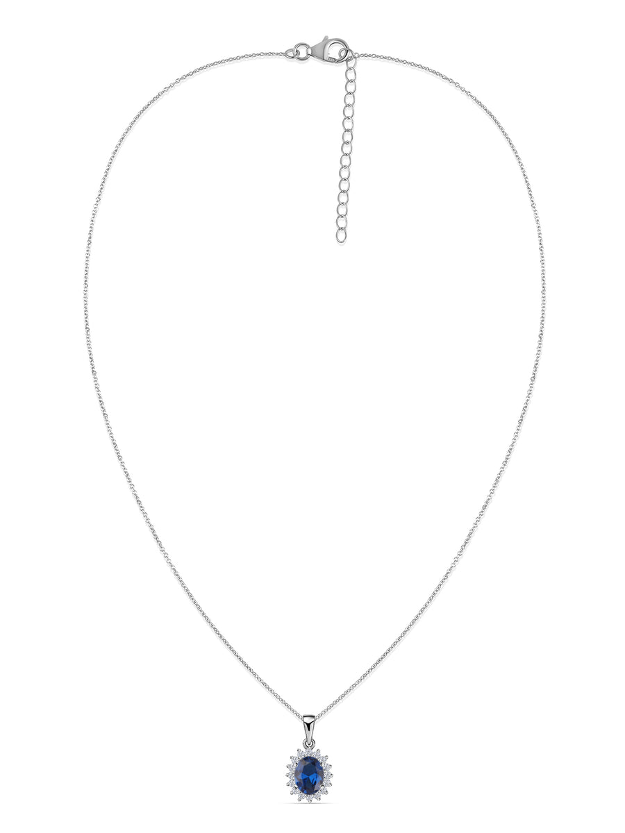 Blue Sapphire And American Diamond Halo Solitaire Necklace Made Silver