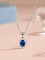 Blue Sapphire And American Diamond Halo Solitaire Necklace Made Silver