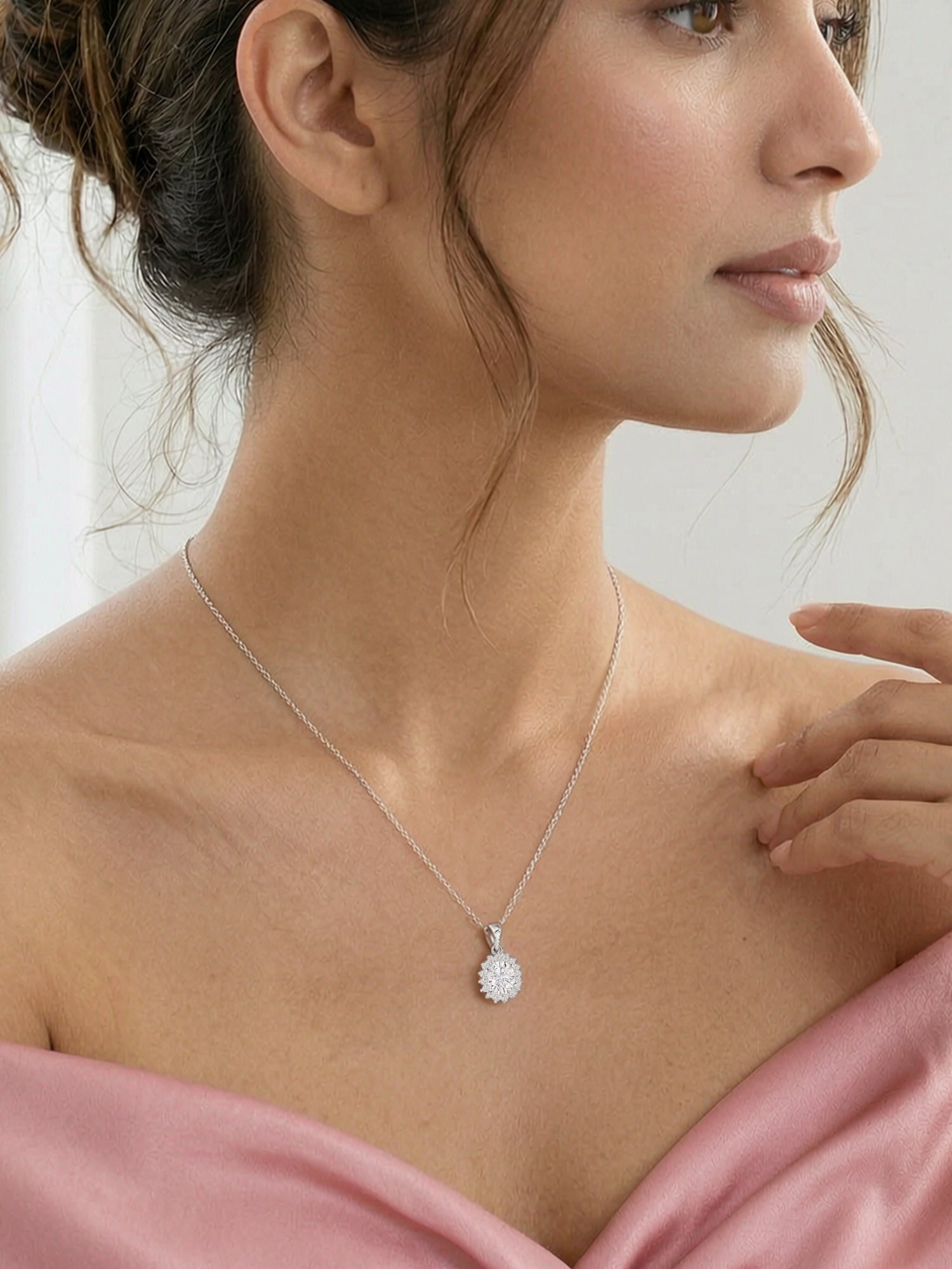 Sterling Silver 1.5 Carat American Diamond Halo Oval Necklace
