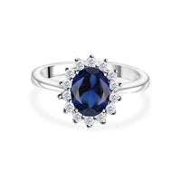 Oval Blue Sapphire CZ Silver Ring