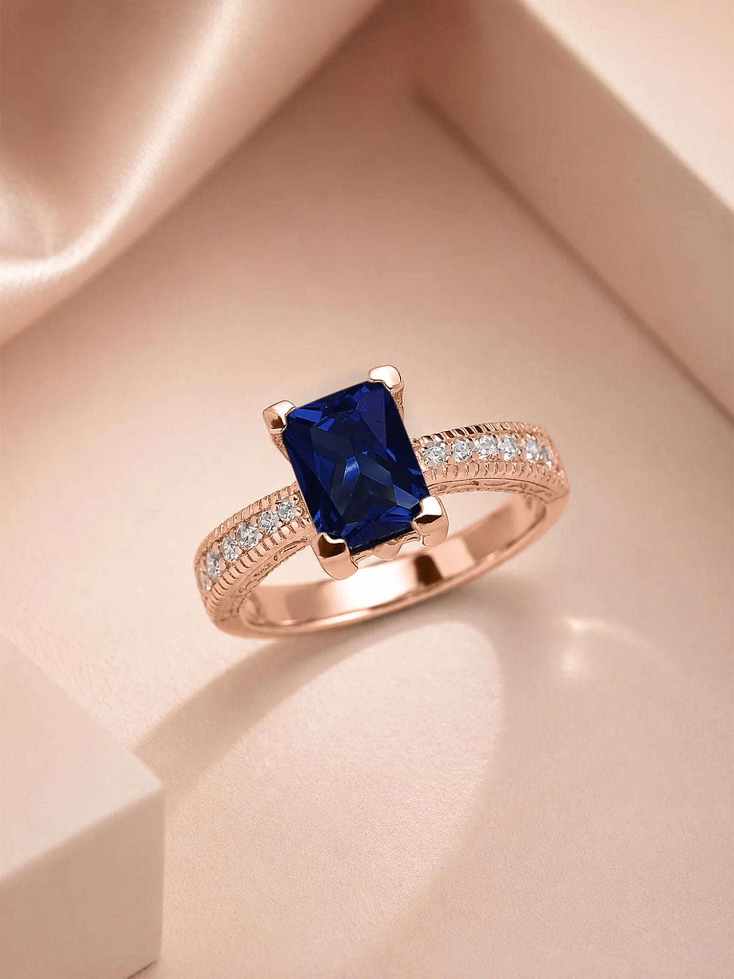 1.5 Carat Blue Sapphire CZ Solitaire Rose Gold Plated Ring