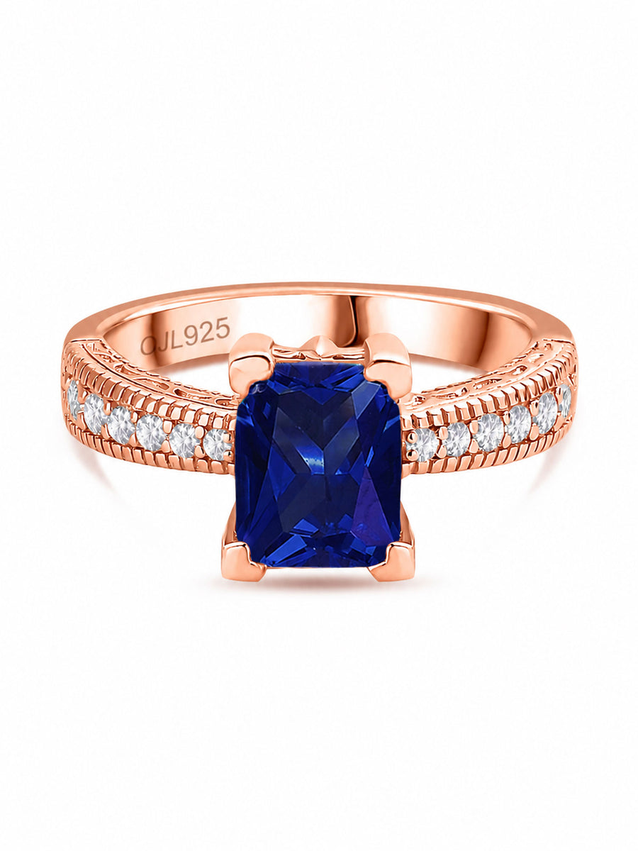 1.5 Carat Blue Sapphire CZ Solitaire Rose Gold Plated Ring