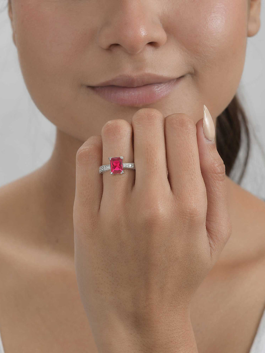 Red Ruby And American Diamond Engagement Ring In 925 Silver-1