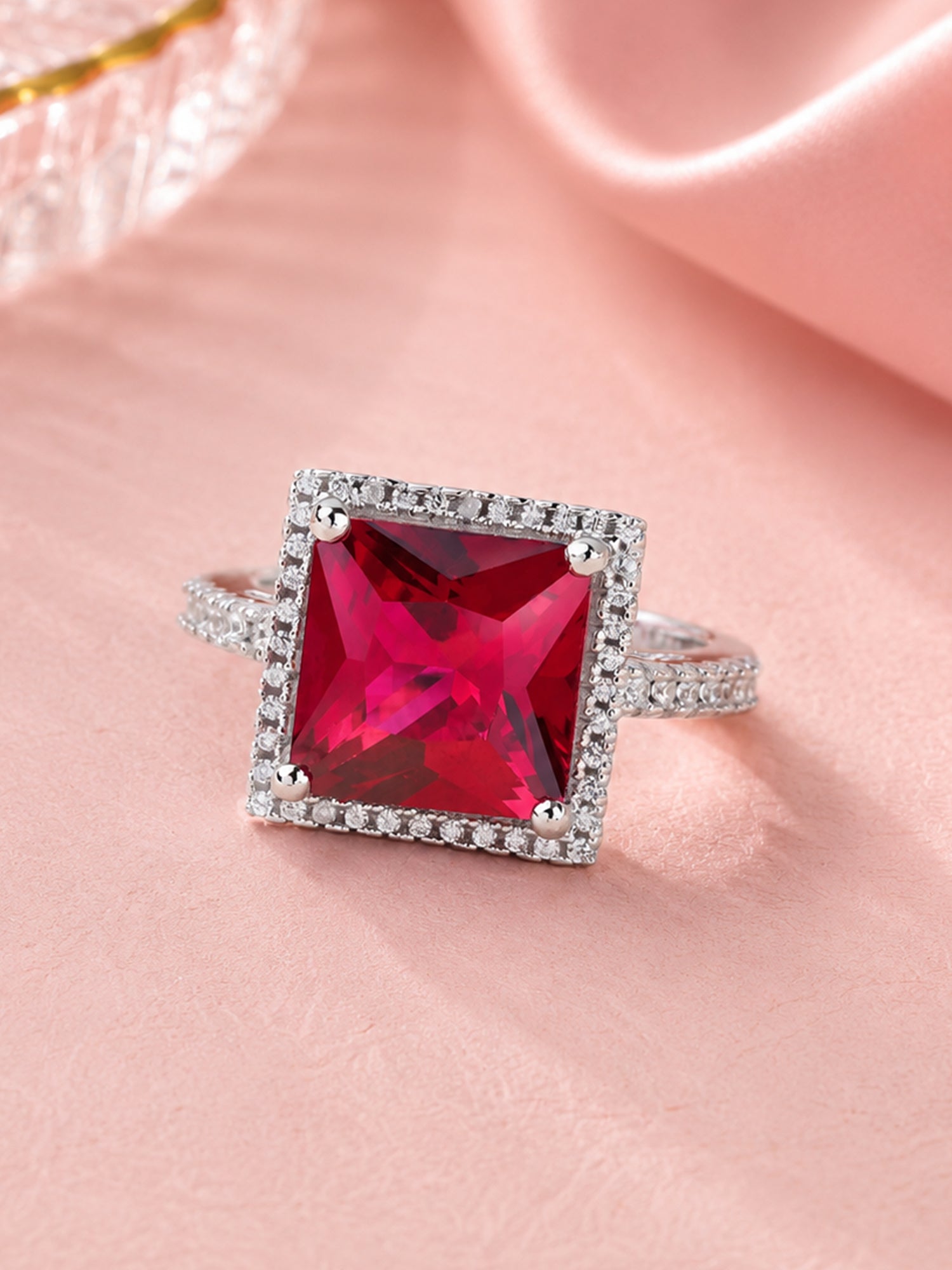 Princess Red Ruby CZ Cocktail Silver Ring