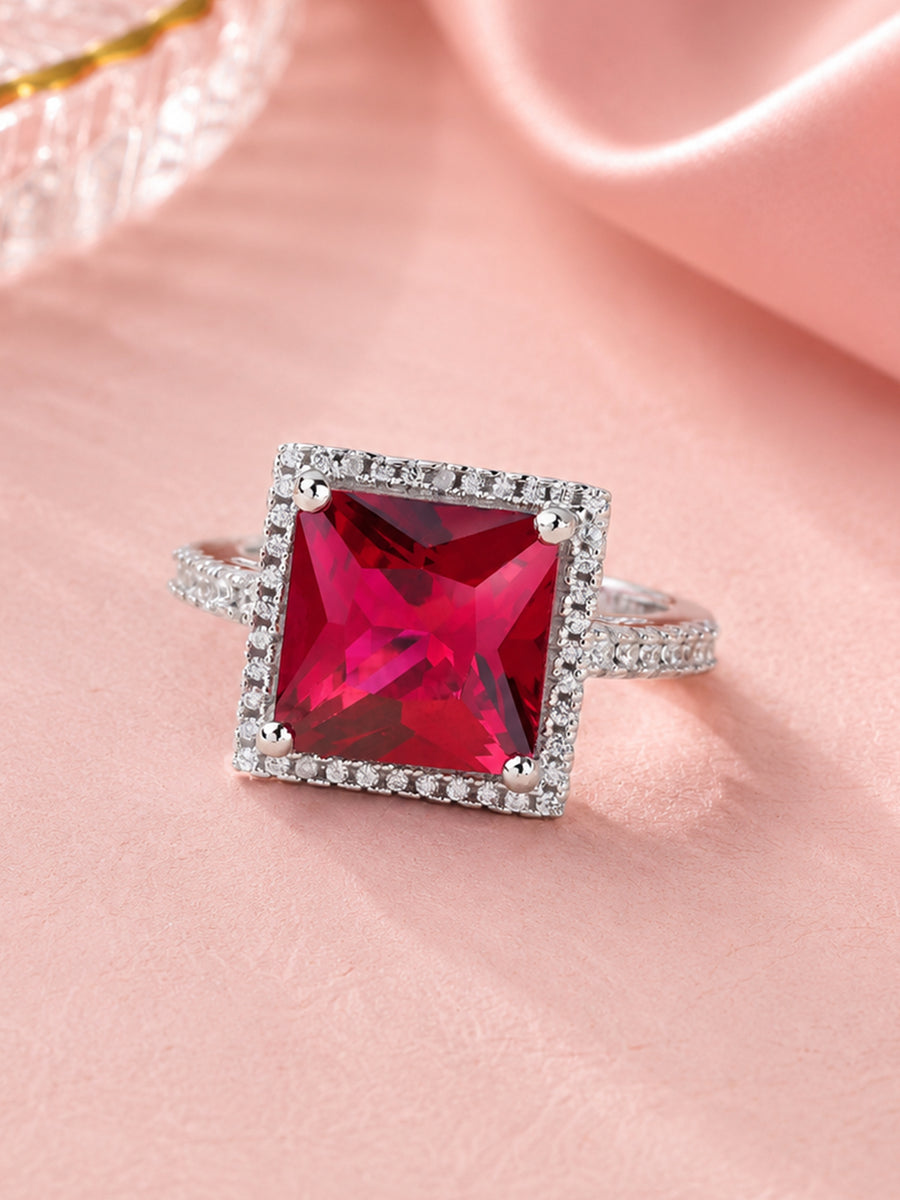 Princess Red Ruby CZ Cocktail Silver Ring