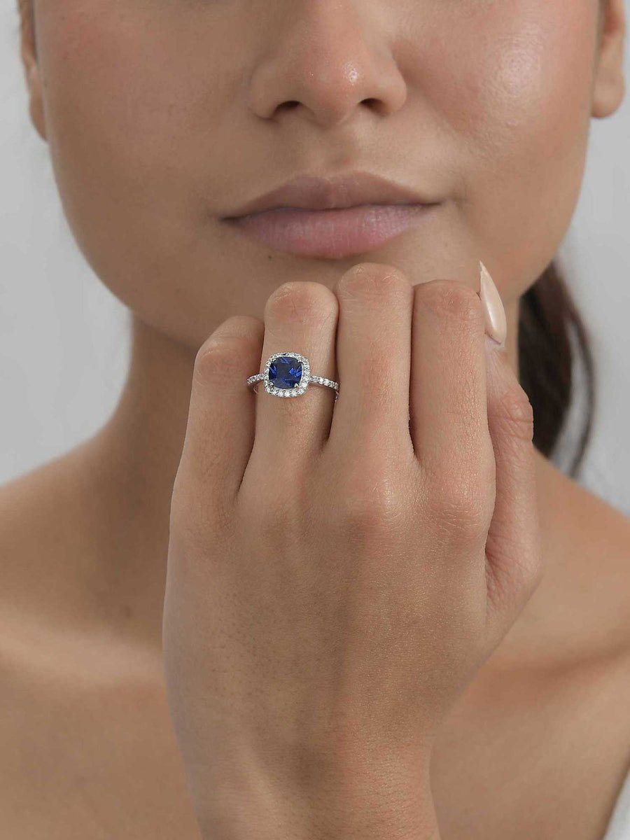 Princess Blue CZ Cocktail Silver Ring for Women