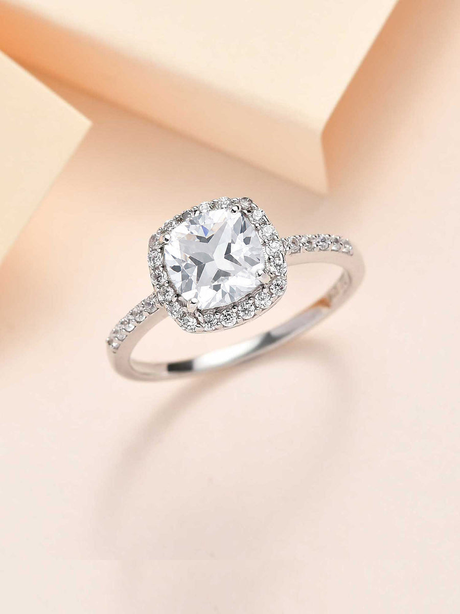 Princess American Diamond Cocktail Silver Ring for Women