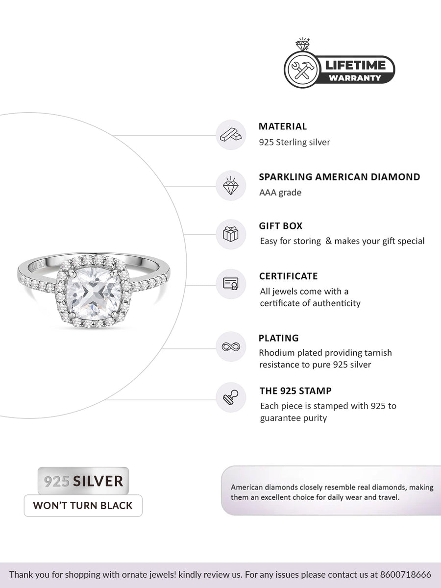 Princess American Diamond Cocktail Silver Ring for Women