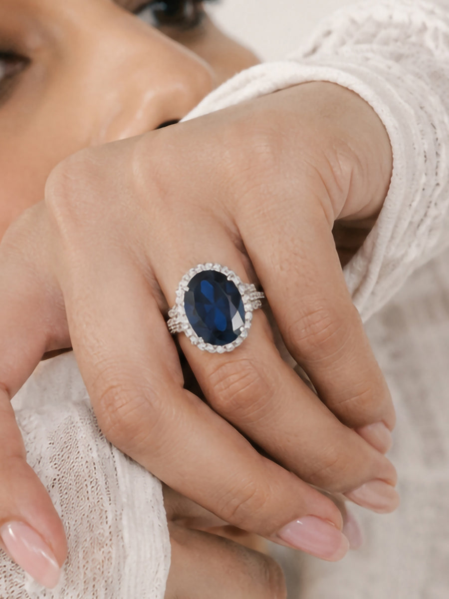 Glamm Blue Sapphire CZ Oval Ring In 925 Silver