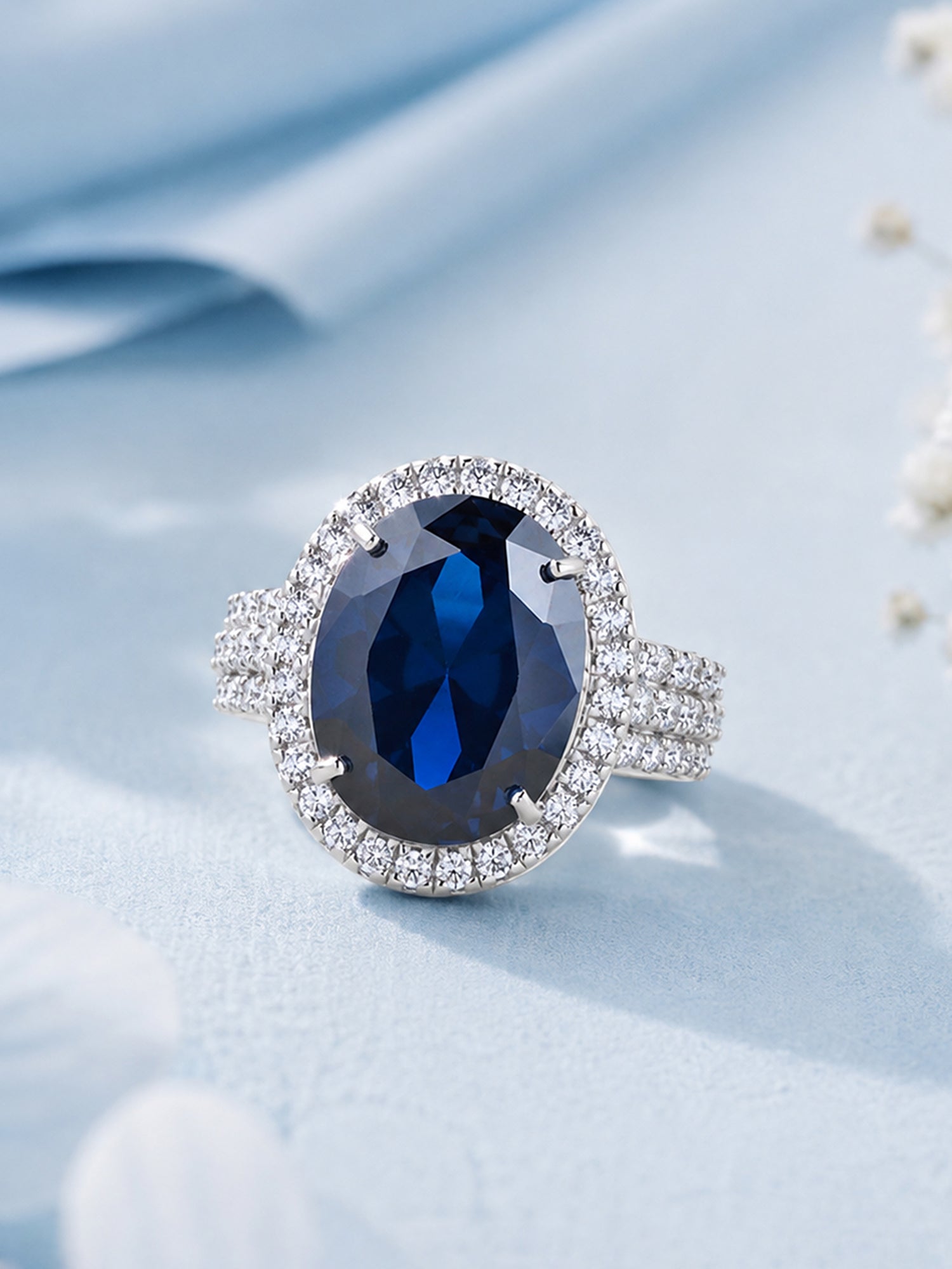 Glamm Blue Sapphire CZ Oval Ring In 925 Silver