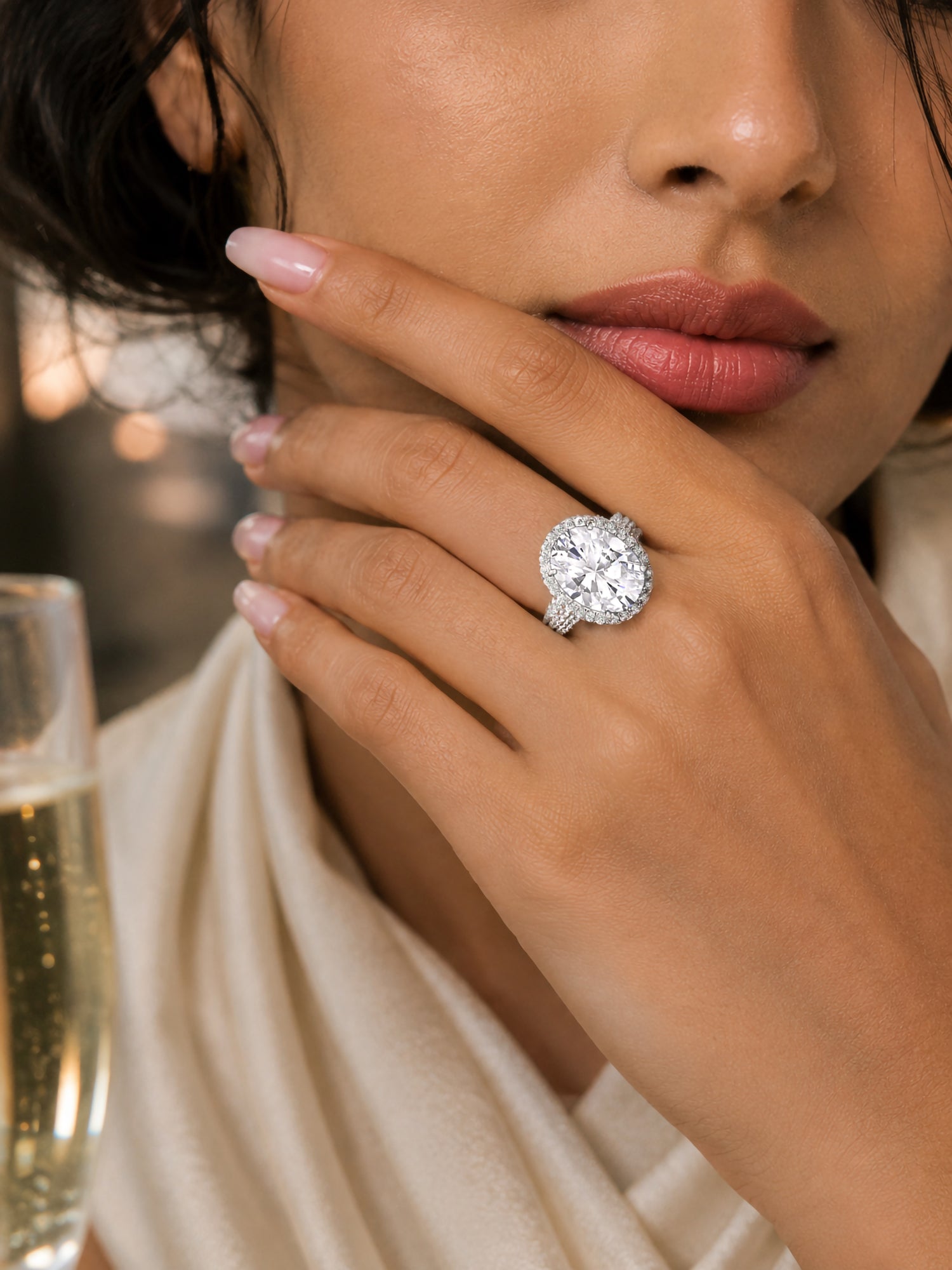 Glamm American Diamond Oval Ring In 925 Silver