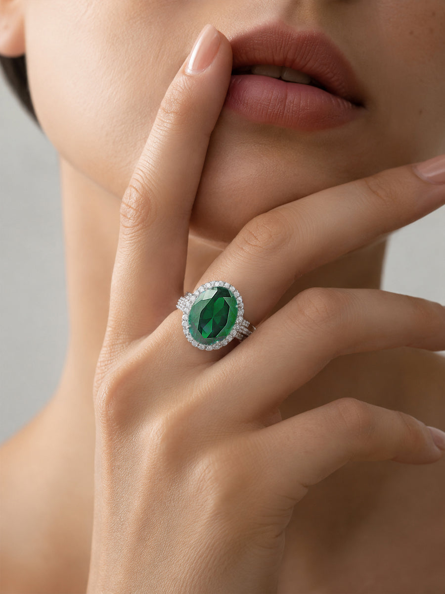 Glamm Emerald CZ Oval Silver Cocktail Ring