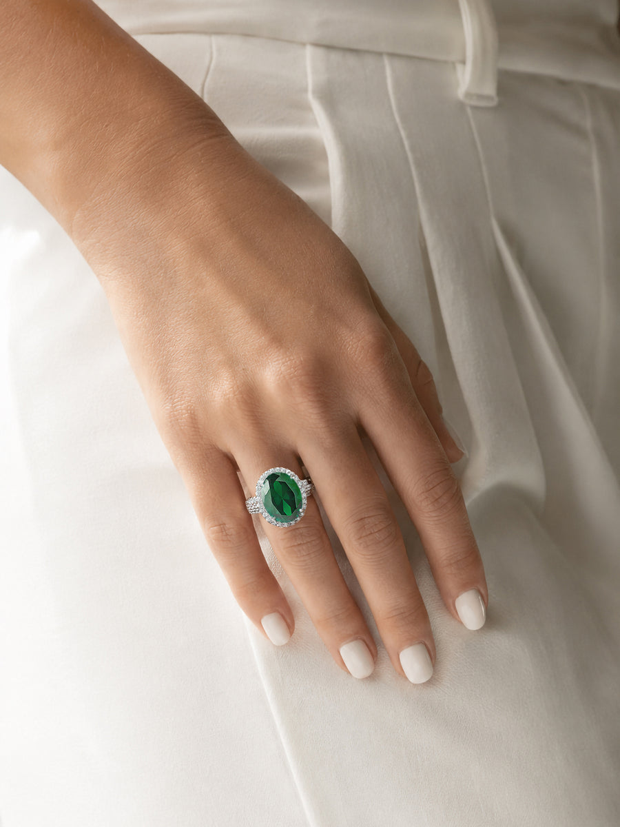 Glamm Emerald CZ Oval Silver Cocktail Ring