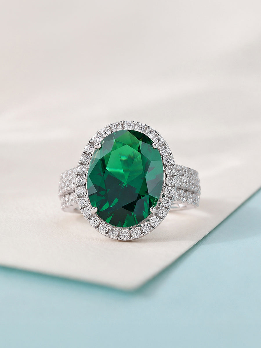 Glamm Emerald CZ Oval Silver Cocktail Ring