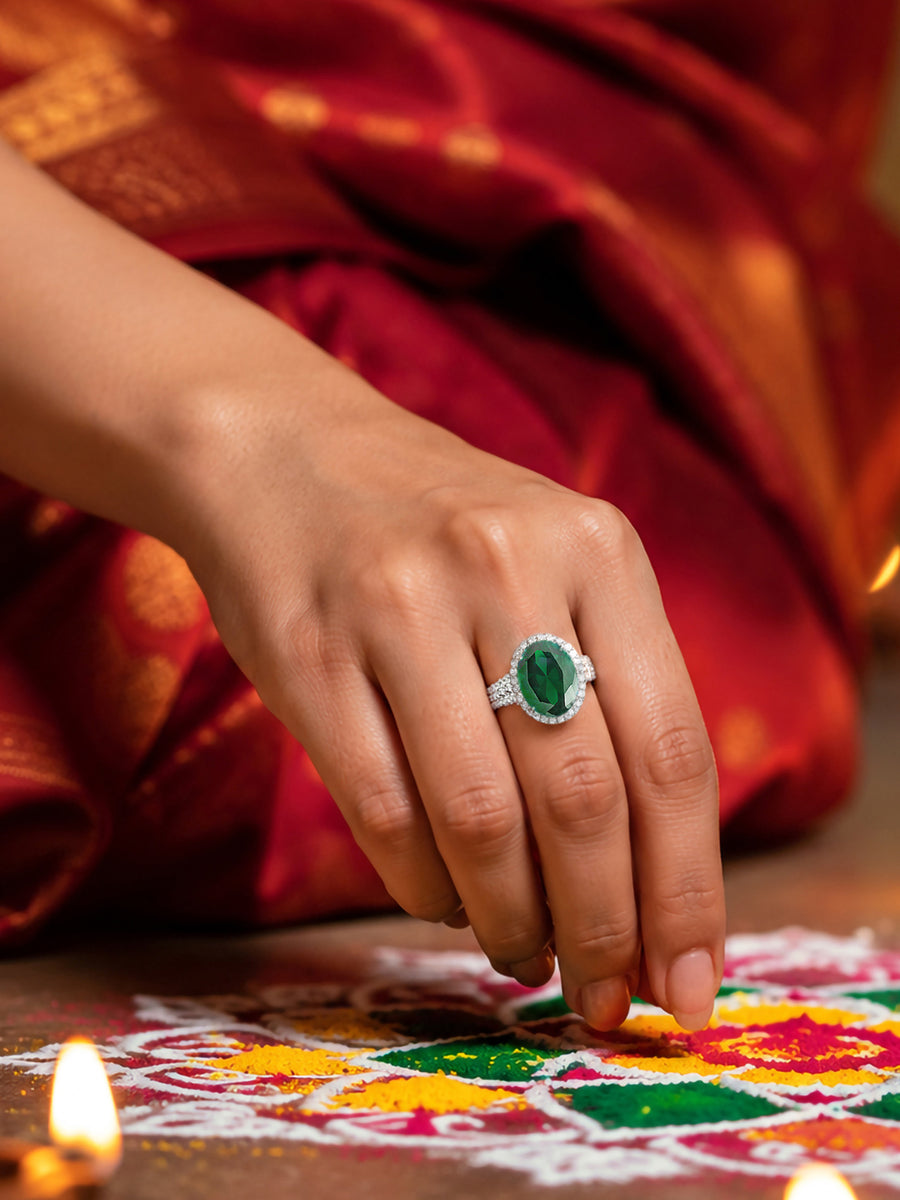Glamm Emerald CZ Oval Silver Cocktail Ring