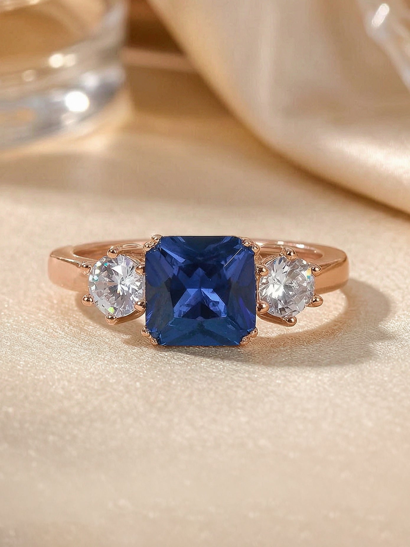 Meghan Markle Blue Sapphire CZ Ring in Rose Gold
