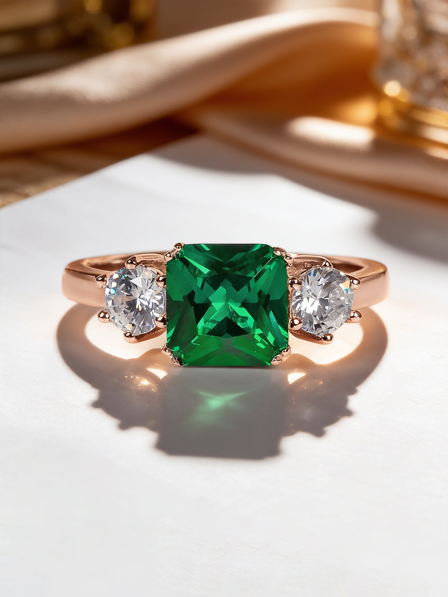 Green Emerald CZ Meghan Markle Design Rose Gold Ring