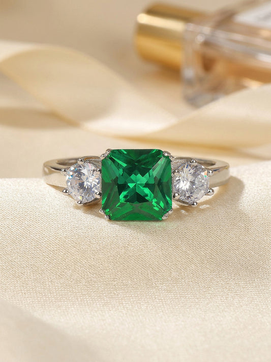 Octagon green emerald CZ ring in 925 sterling silver by Ornate Jewels