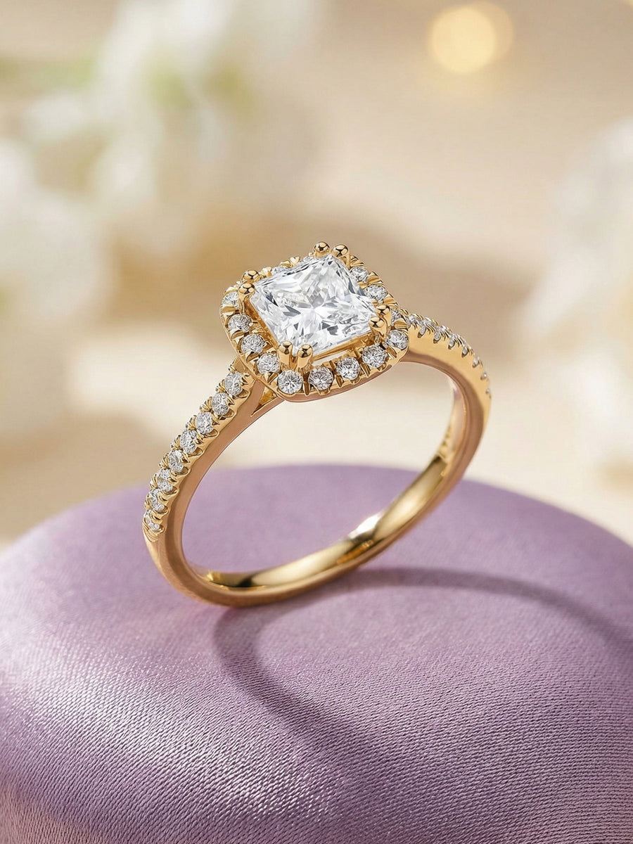 1 Carat Princess Quad Lab Grown Halo Ring