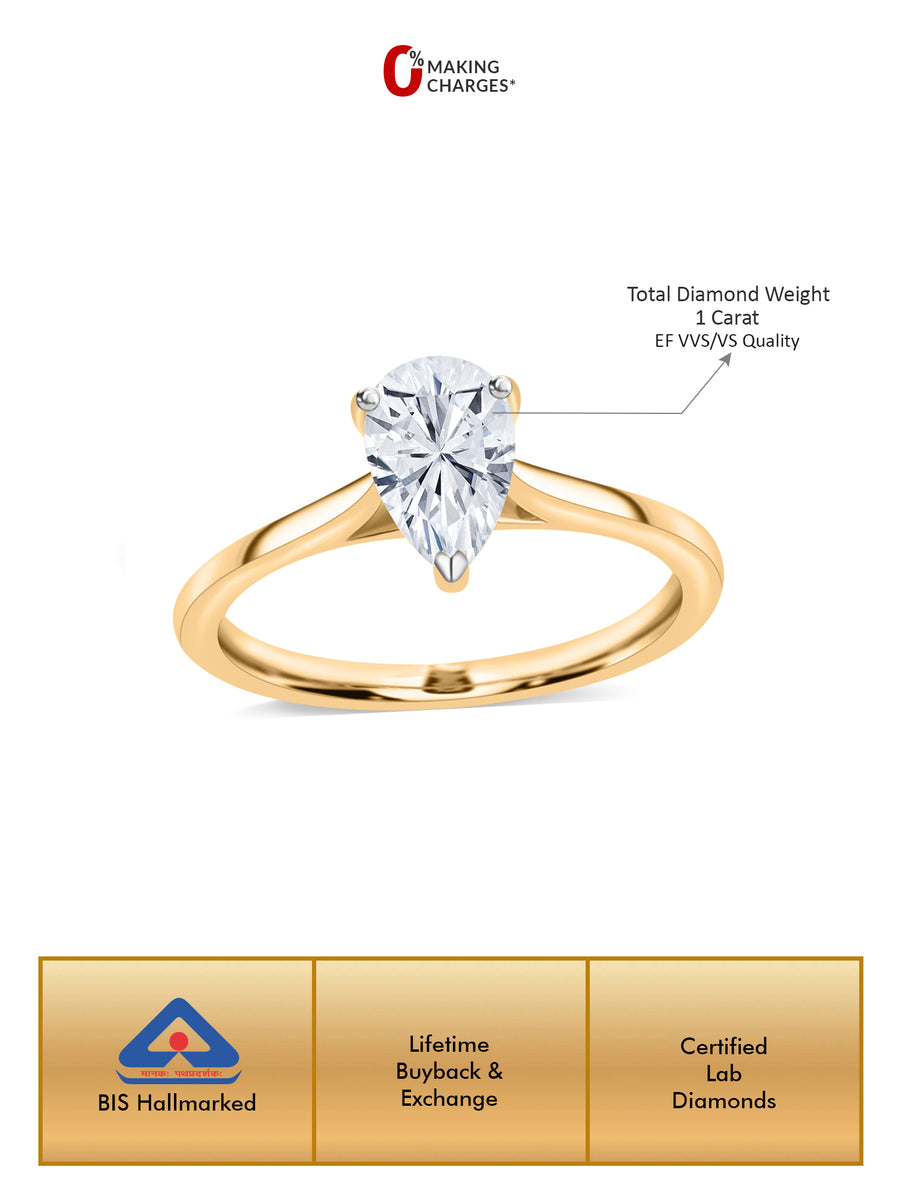 Lab Grown 1 Carat Pear Solitaire Diamond Ring