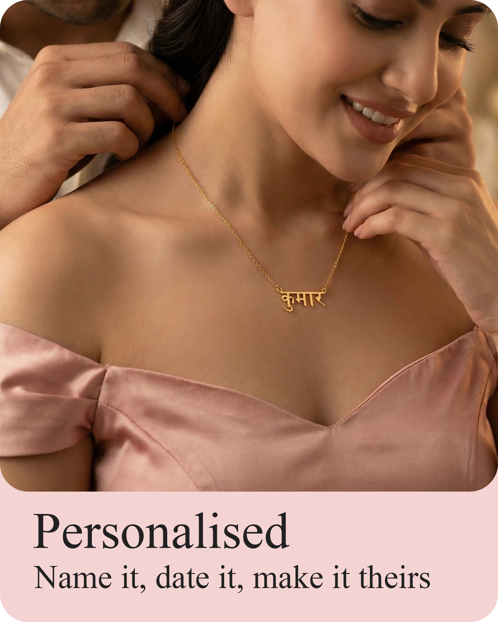 Woman wearing personalized name necklace custom engraved jewelry gift with name date