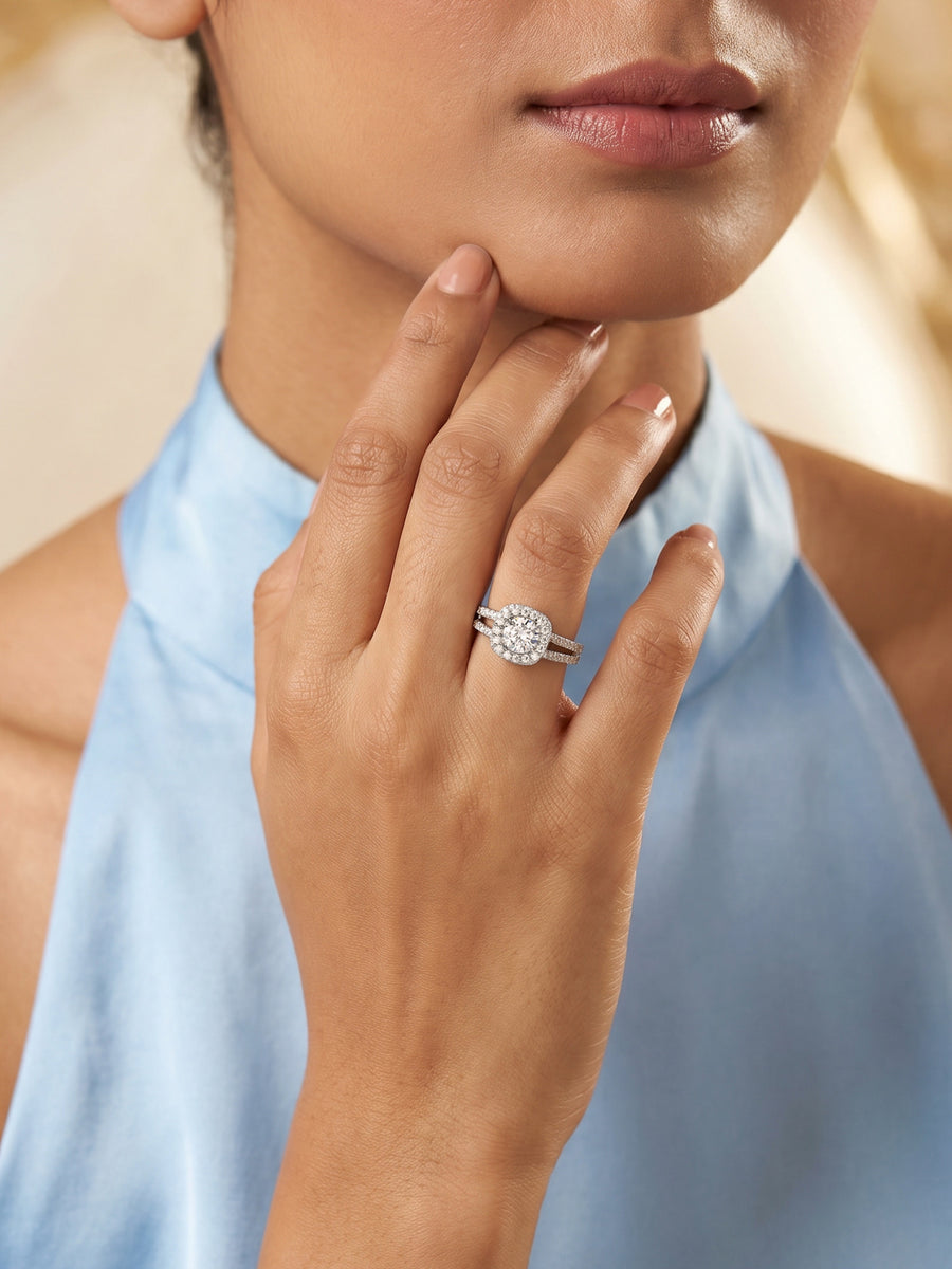 Grand Halo American Diamond Silver Ring
