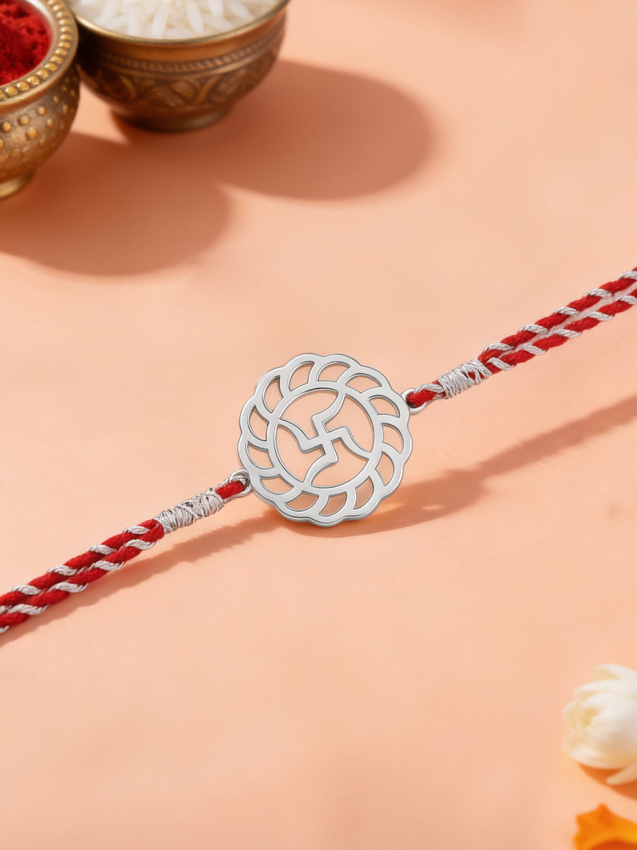 Ornate Swastik Silver Rakhi for Brother in 925 Sterling Silver - Ornate Jewels