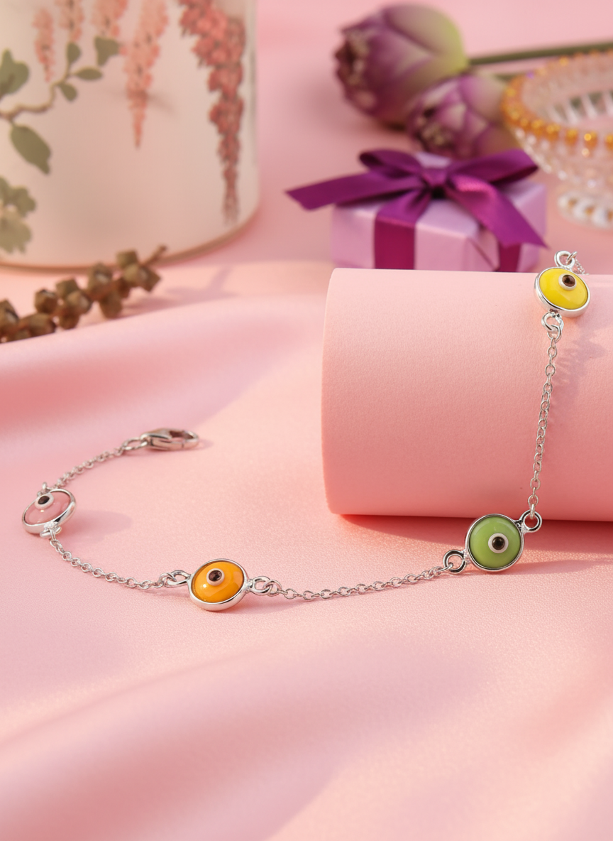 Multi Beads Silver Evil Eye Bracelet For Girls