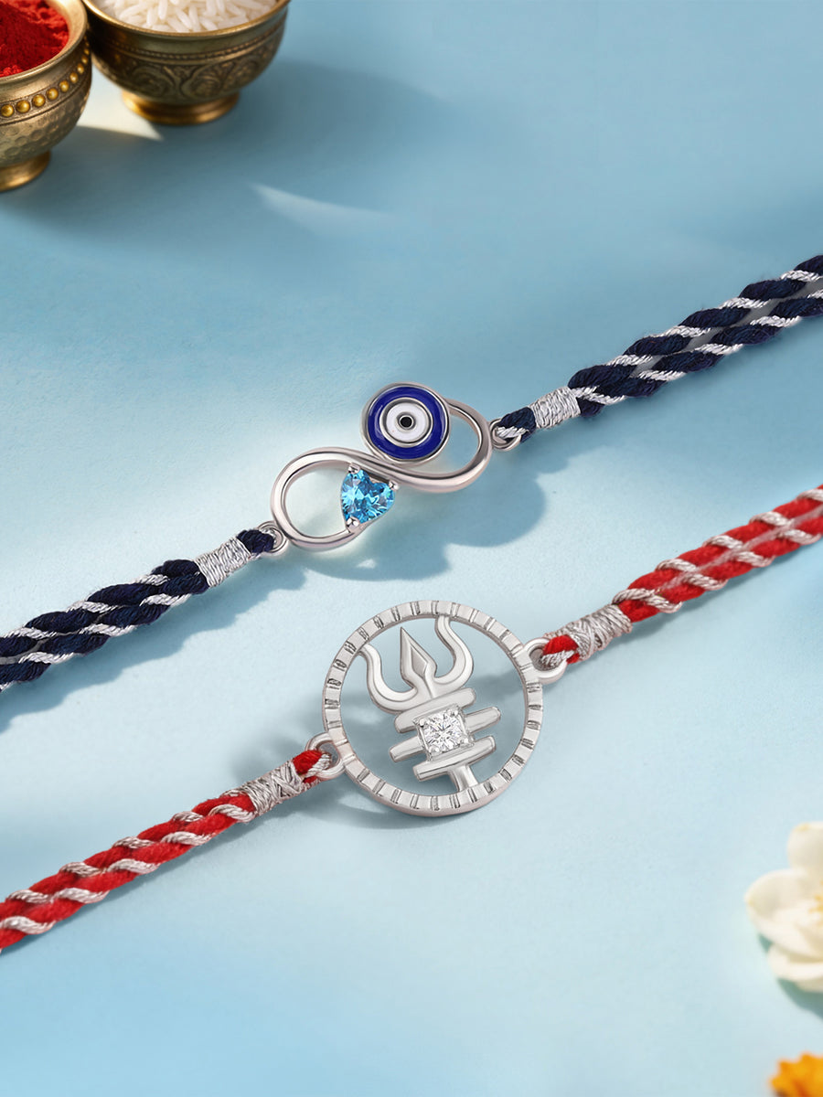 Infinity Evil Eye and Trishul Silver Rakhi Combo
