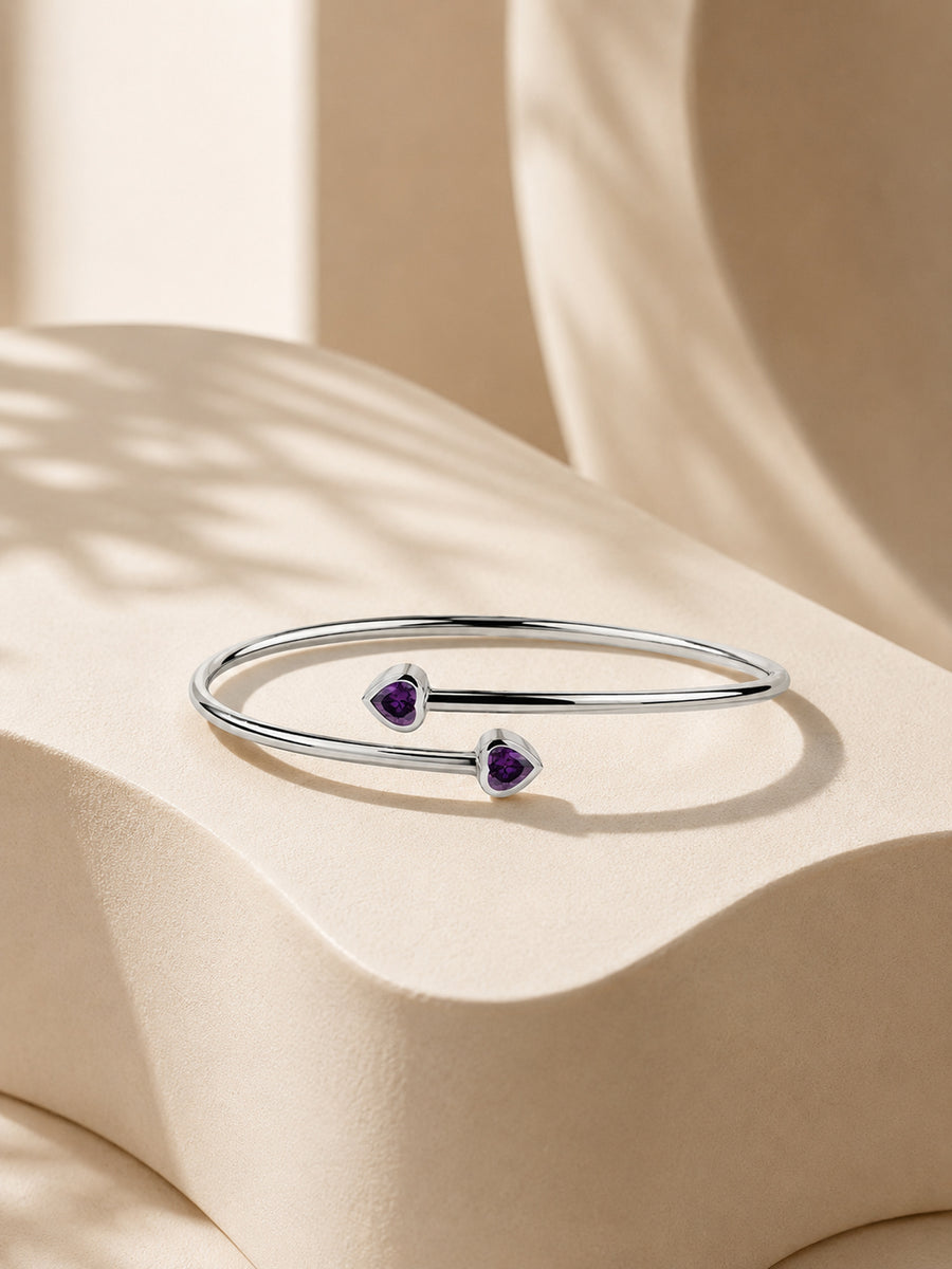 Amethyst Heart Cuff Silver Bangle