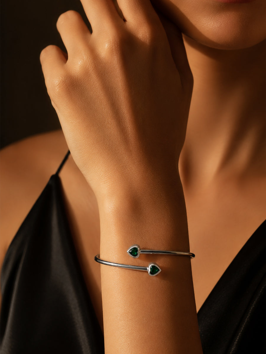 Emerald CZ Heart Adjustable Cuff Silver Bangle
