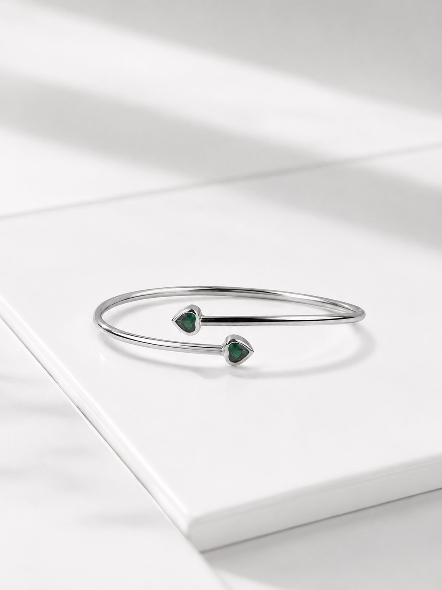 Emerald CZ Heart Adjustable Cuff Silver Bangle