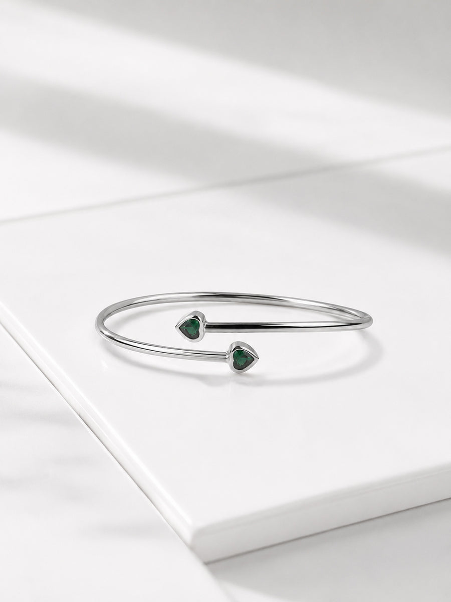 Emerald CZ Heart Adjustable Cuff Silver Bangle
