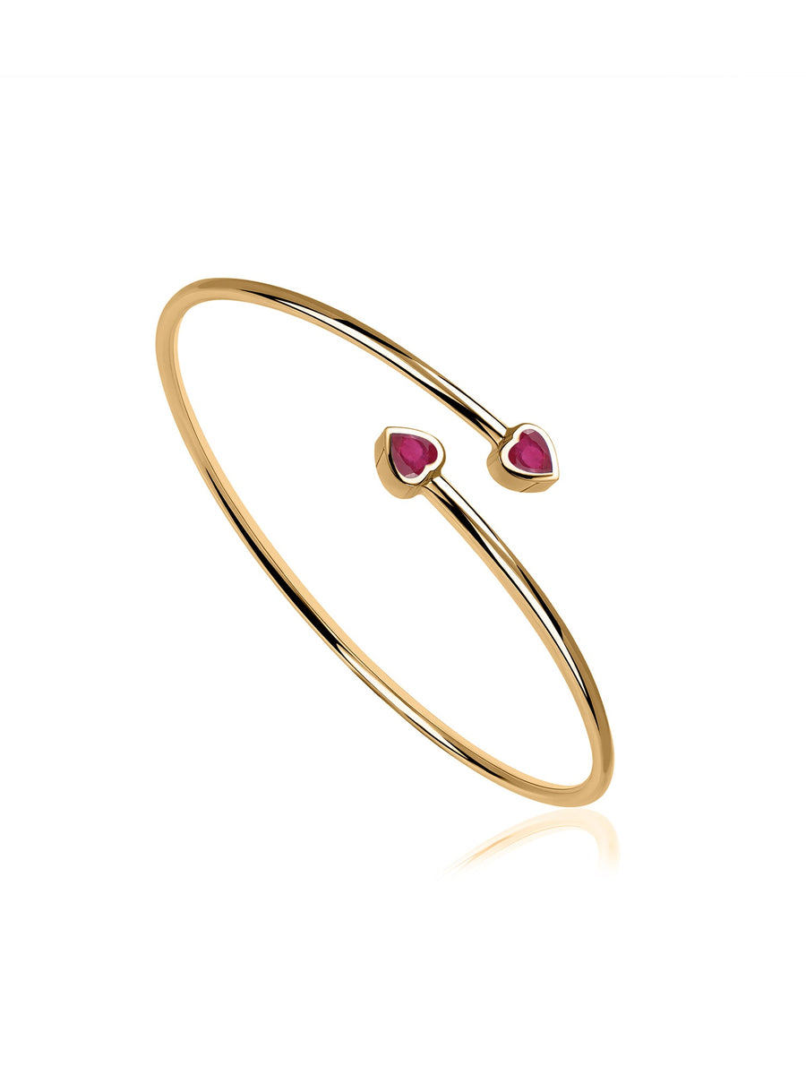 Natural Red Garnet Heart Flexible Gold Bangle