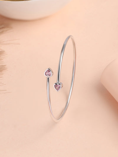 Pink CZ Heart Adjustable Cuff Silver Bangle