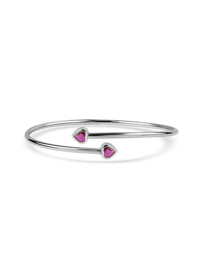 Ruby CZ Heart Adjustable Cuff Silver Bangle