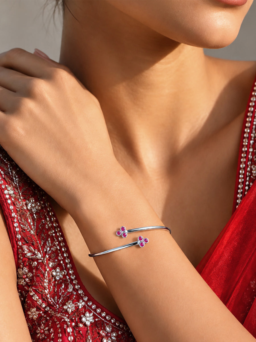 Red Ruby Silver Cuff Bangle for Women