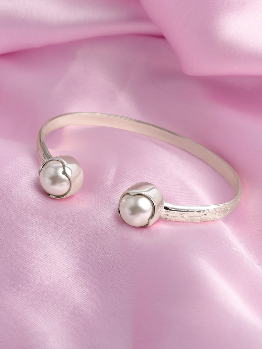 Shell Pearl Open Silver Adjustable Bangle