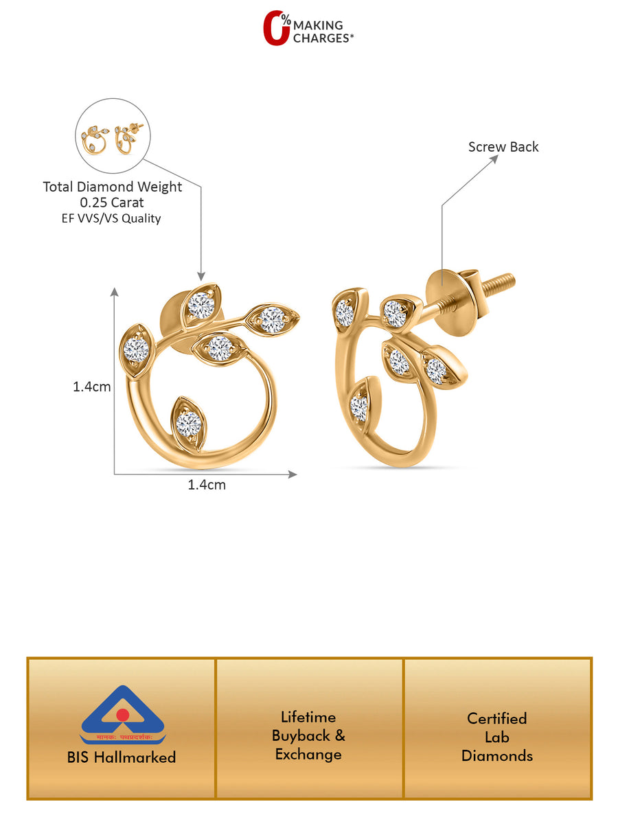 Lab Grown Lush Leaf Diamond Stud Earrings in Gold